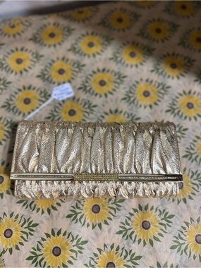 Omnia Crystal Metallic Gold Ruched Evening Clutch with Bar Accent